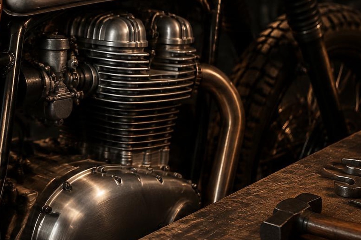 Polished twin-cylinder engine of a custom motorcycle beside a workshop bench