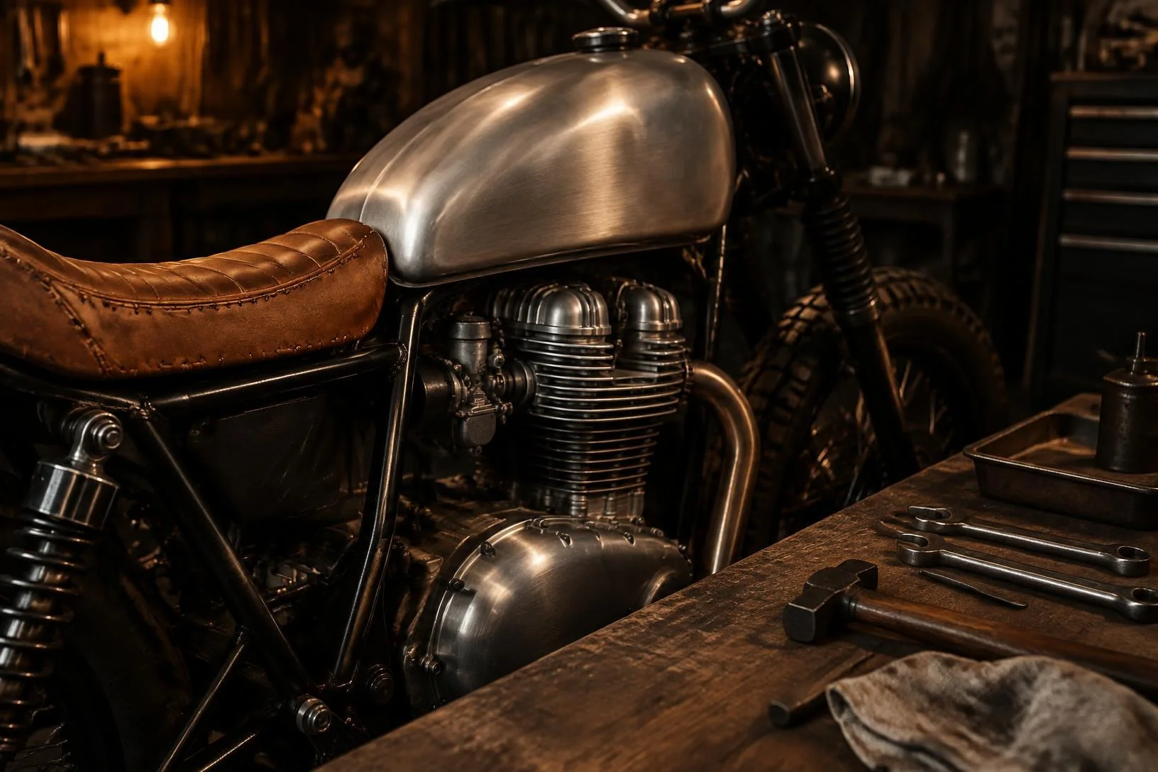 Hand-built café racer with a brushed steel tank and tan leather seat in a dimly lit workshop